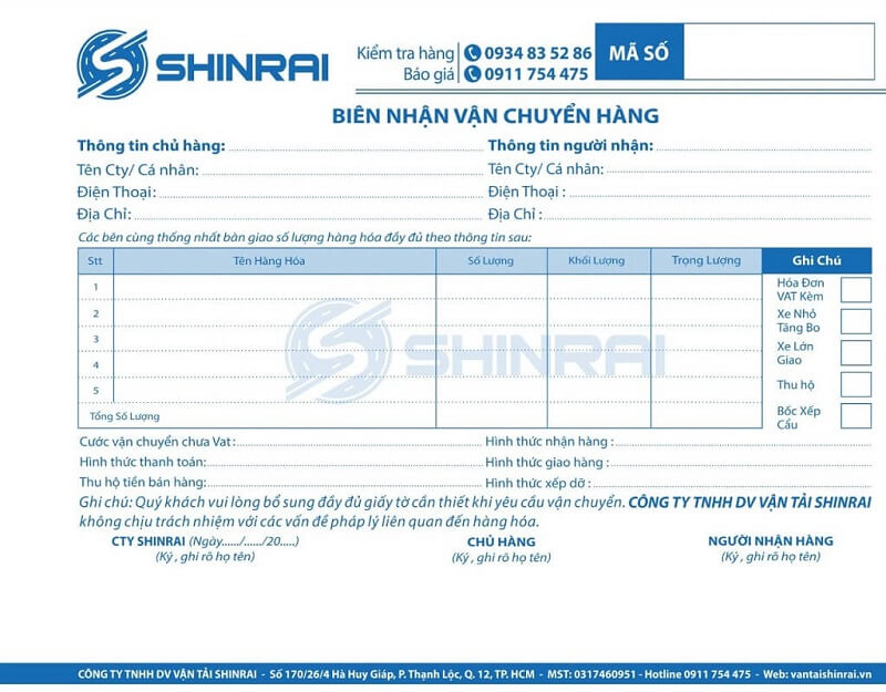 Biên nhận vận chuyển hàng hóa tại Shinrai